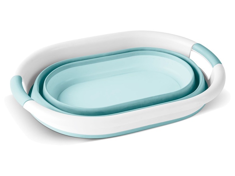 Ein zusammenklappbarer Wäschekorb mit zwei Fächern in Blau und Weiß.