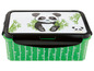 Eine grüne Lunchbox mit Panda und Bambus-Motiv.