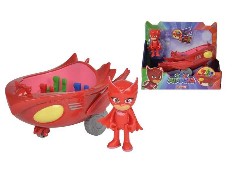 Ein rotes PJ Masks Eulettes Fahrzeug mit Figur.