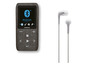 Ein grauer Lenco Bluetooth-Musikplayer mit weißen Ohrhörern.