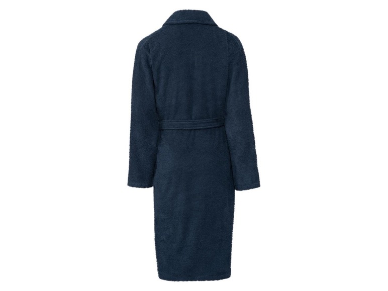 Ein dunkelblauer Bademantel mit Gürtel.
