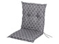 Ein graues Gartenstuhlkissen mit einem Wabenmuster.