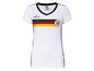 Weißes Damen-Fußballtrikot mit schwarz-gelb-roter deutscher Flagge und UEFA EURO 2020 Logo.