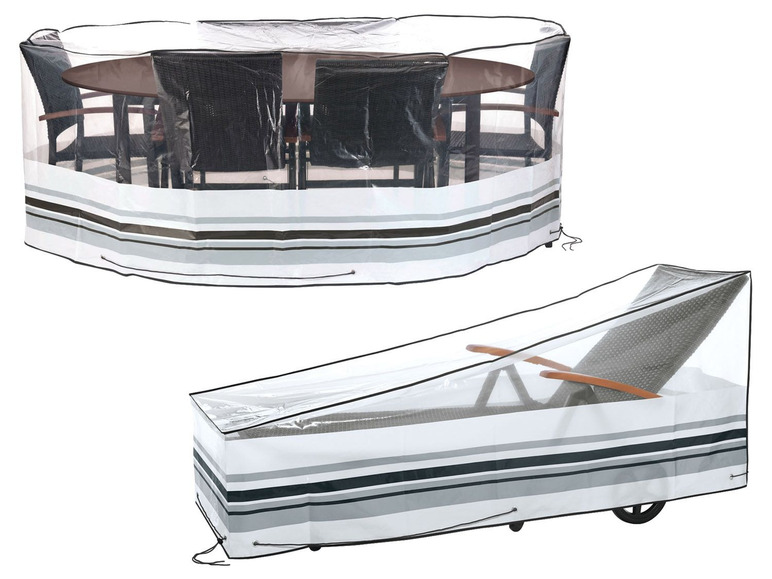 Schutzhüllen für einen runden Gartentisch mit Stühlen und einer Liege.