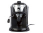 Schwarze De'Longhi Espressomaschine mit Milchaufschäumer.