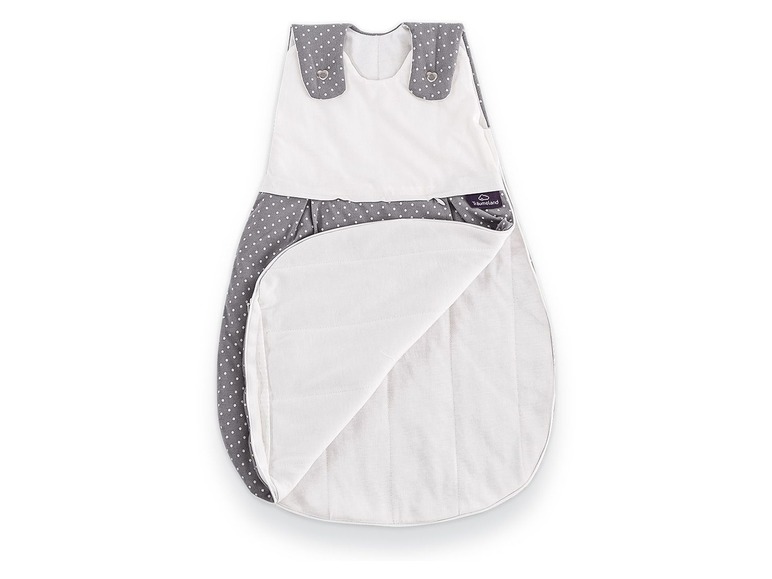 Ein grauer Schlafsack mit weißen Punkten der Marke Slumberland.