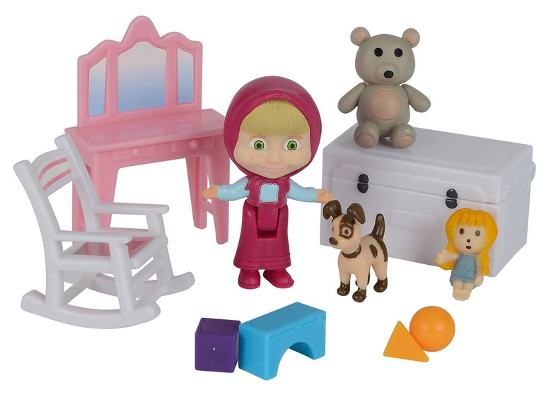 Mascha und der Bär Spielzeugset mit Stuhl, Schreibtisch und Truhe.