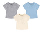 Drei Baby-T-Shirts, grau, blau und cremefarben mit einem Elefanten.