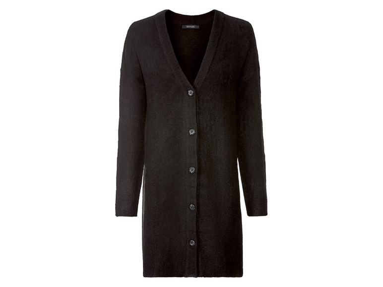 Ein schwarzer Strickcardigan mit Knöpfen.