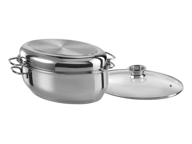Ein ovaler Topf aus Edelstahl mit Glasdeckel.