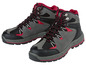 Zwei Paar graue und schwarze Wanderschuhe mit roten Schnürsenkeln.