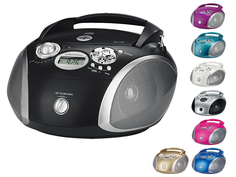 Ein schwarzes Grundig CD-Radio mit USB in verschiedenen Farbvarianten.