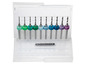 Ein Satz von zehn Bohrer in einer transparenten Plastikbox.