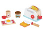 Ein Holzspielzeug-Set mit Toaster, Messer, Ei und Marmelade.