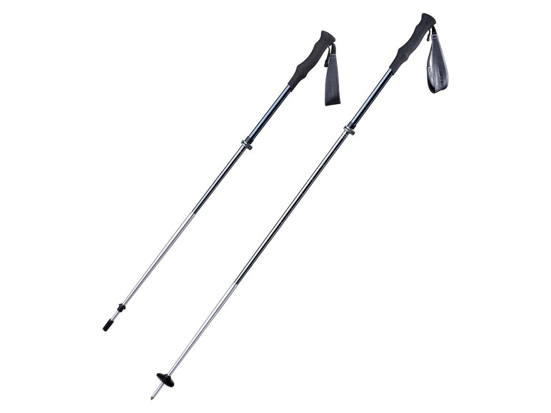 Zwei Wanderstöcke mit schwarzen Griffen und Handgelenkschlaufen.