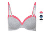 Grauer BH mit rosa Details.