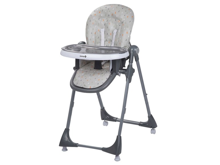 Ein grauer Safety 1st Hochstuhl mit grauem und weißem Muster.