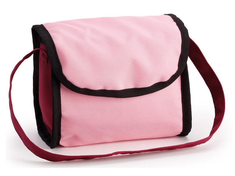 Eine rosa Kosmetiktasche mit einem dunkelroten Schultergurt.