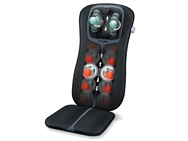 Ein schwarzes Massagekissen von Beurer mit mehreren Massageköpfen.
