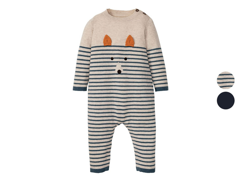 Gestrickter Baby-Overall mit Streifen und niedlichem Bärenmotiv.