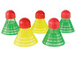 Ein Set mit vier grünen und gelben Federbällen für Badminton.