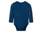 Ein dunkelblauer Baby-Body mit langen Ärmeln.