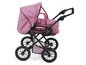 Ein rosa Puppenwagen mit schwarzen Rädern.