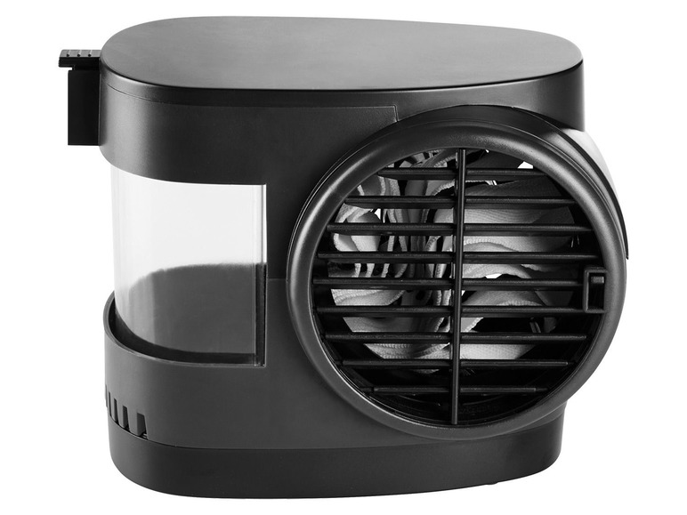 Ein schwarzer tragbarer Ventilator mit Wasserbehälter.