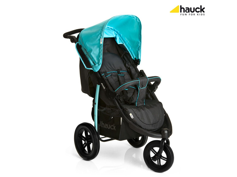 Ein schwarzer Hauck Kinderwagen mit türkisfarbenem Verdeck.