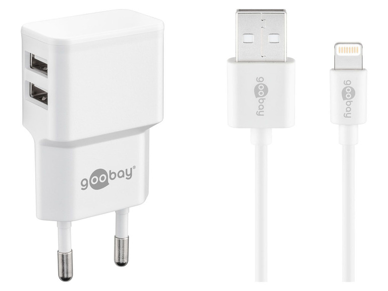 Gehe zu Vollbildansicht: Goobay Dual USB-A 2.0 auf Apple Lightning-Ladeset (12W), weiß - Bild 1
