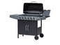 Schwarzer Gasgrill mit vier Brennern und einem Schrank.