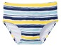 Eine Badehose mit blauen, gelben und hellblauen Streifen.