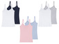 Ein Set mit sechs Tanktops in Weiß, Blau, Rosa und Grau.