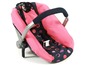 Ein rosa Chicco Baby-Autositz mit schwarzen Punkten.