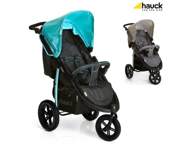 Zwei Hauck Kinderwagen in verschiedenen Farben.