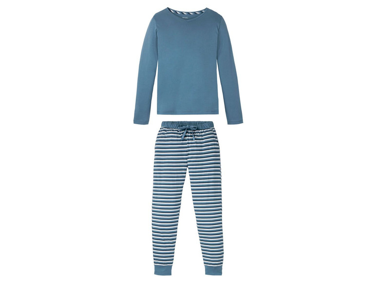 Ein blauer Schlafanzug mit langen Ärmeln und gestreiften Hosen.