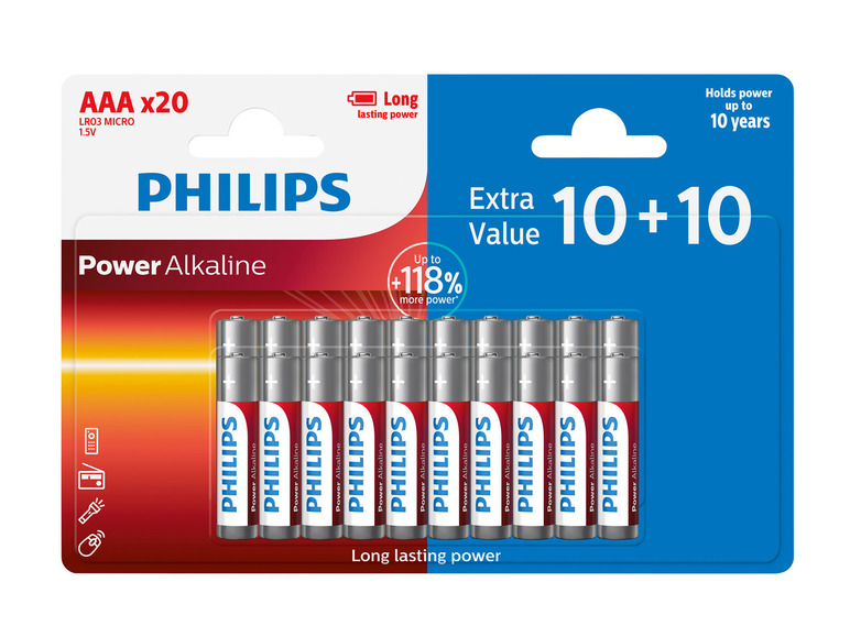 Philips Power Alkaline AAA Batterien, 20 Stück, lange Lebensdauer.