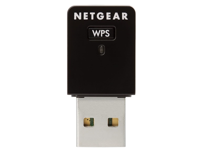 Ein schwarzer Netgear USB-Adapter mit WPS-Taste.