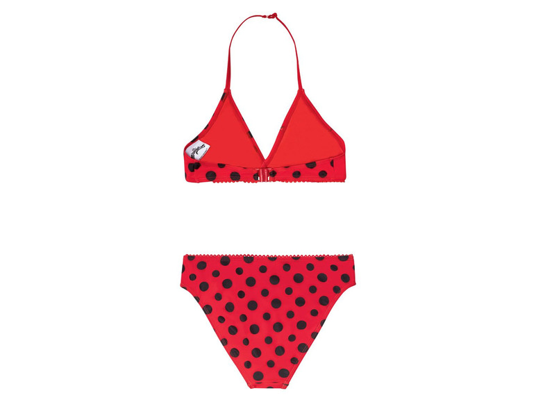 Ein roter Bikini mit schwarzen Punkten.