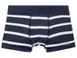 Blaue Boxershorts mit weißen Streifen.