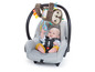 Baby in einem Autositz mit einem hängenden Faultier-Spielzeug.