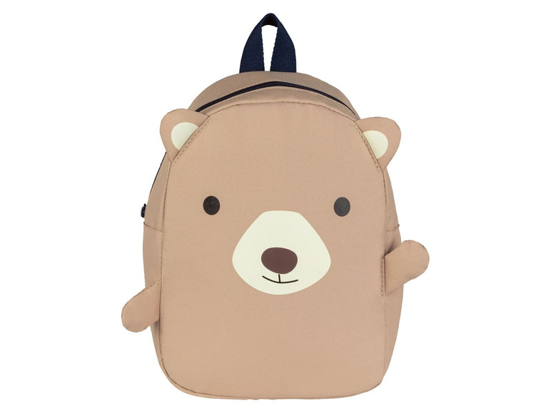 Eine beige Rucksack mit einem Bären-Gesicht.