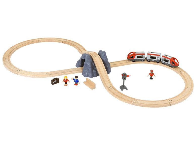 Ein BRIO-Zugset mit Bahn, Gleisen, Tunnel und Figuren.