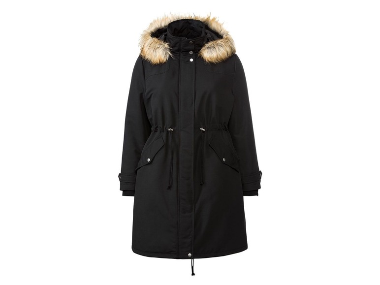 Schwarze Parka mit Kapuze und Pelzkragen.