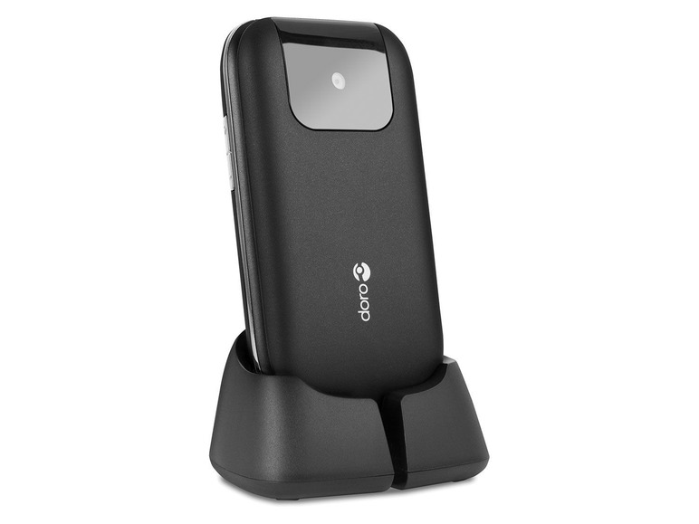 Ein schwarzes Doro-Handy mit Ladestation.