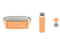 Eine orangefarbene Thermosflasche und eine Edelstahl-Lunchbox.