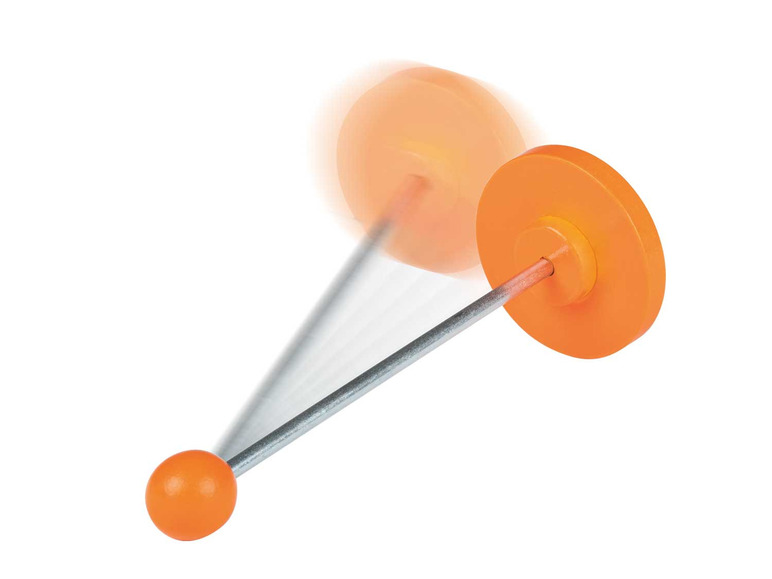 Ein orangefarbenes Spielzeugpendel mit zwei runden Gewichten und einer Kugel am Ende.