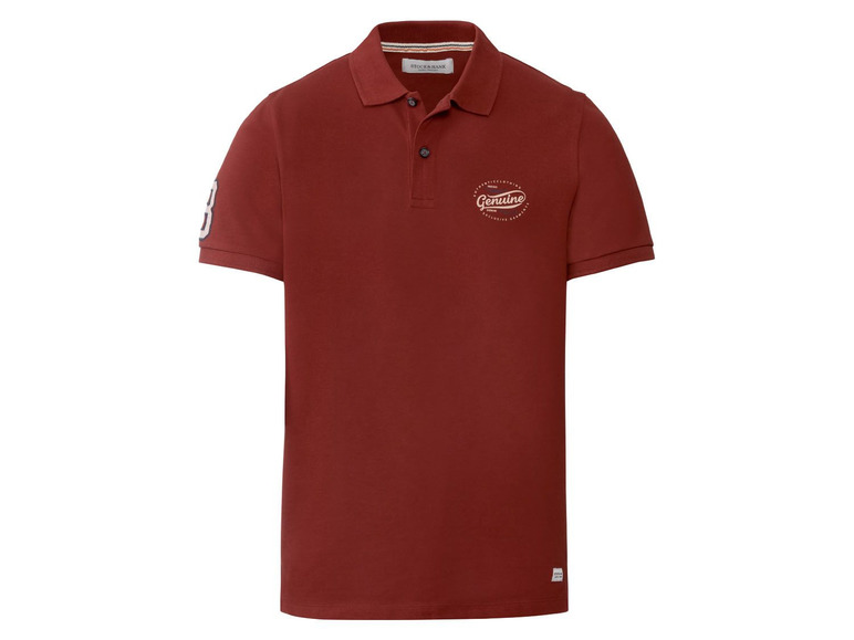 Rotes Poloshirt mit 'Genuine'-Logo.