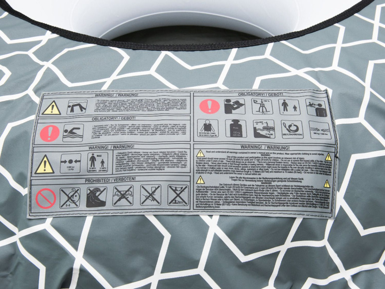 Warnhinweise für eine aufblasbare Schwimmweste mit Sicherheitsrichtlinien für die Verwendung.