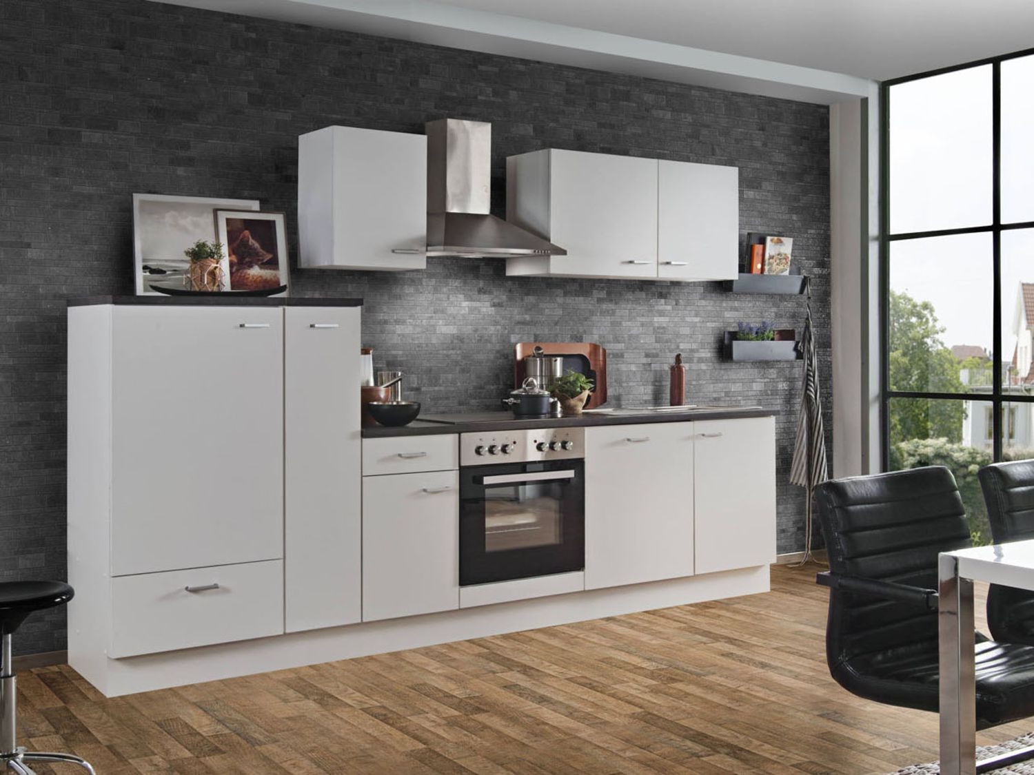 Menke Küchenzeile „Classic“ 270/280/300/310 cm (Geschirrspüler, frei Bordstein, Weiss matt, 300 cm) | 04039354115784